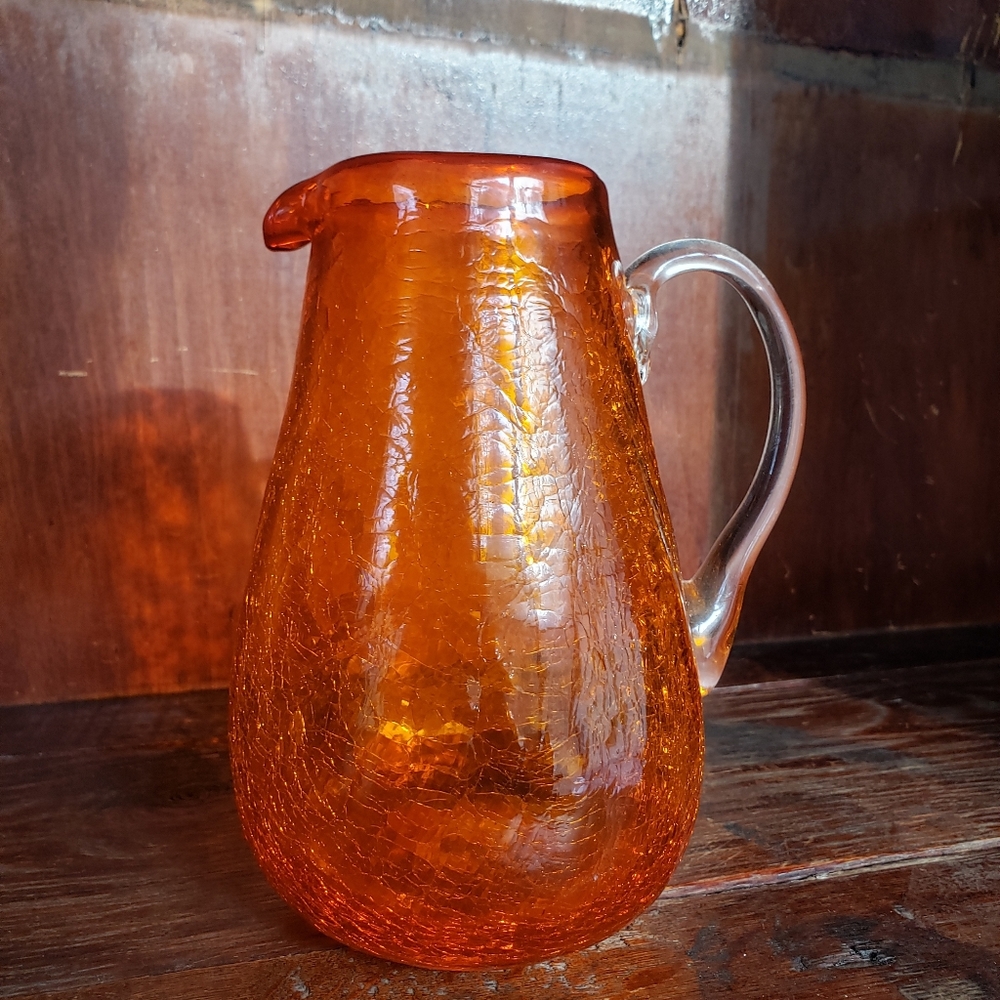 Vintage Hand Blown Glass Orange Crackle Pitcher